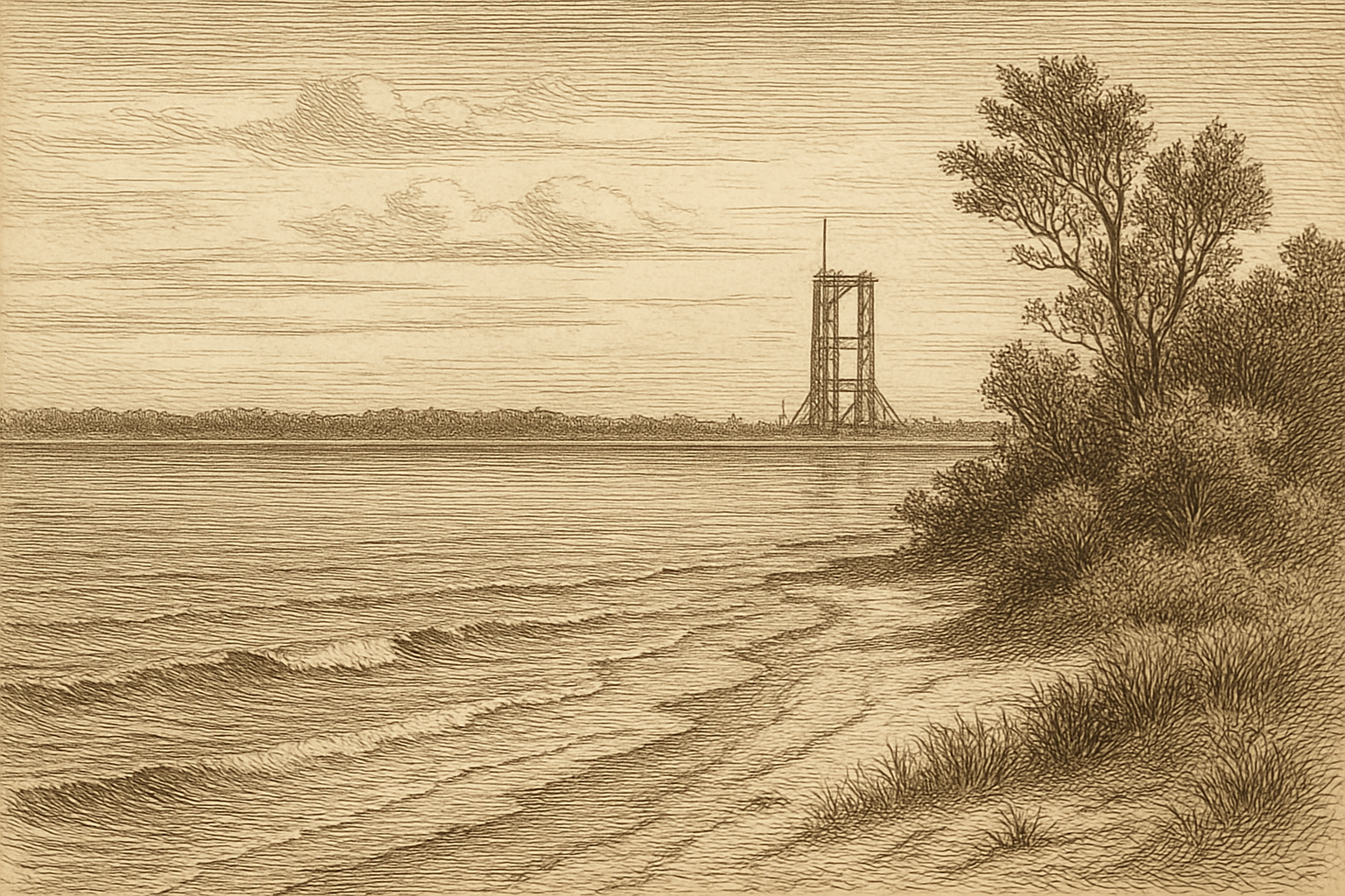 Titusville, Florida - the Space Coast shoreline with a distant launch gantry across the Indian River